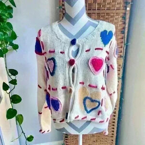 Handkintted Internationale Express Colorful Heart Cardigan Sweater
